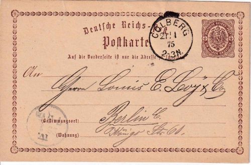 DR - 1/2 Gr. Brustschild Ganzsachenkarte K1 Colberg 21.1.75 (!) n. Berlin
