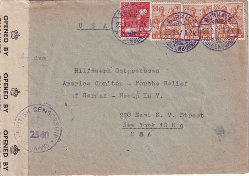 All.Bes. - 3x24+8 Pfg. Arbeiter Zensurbrief n. USA Burhave - New York 23.9.47