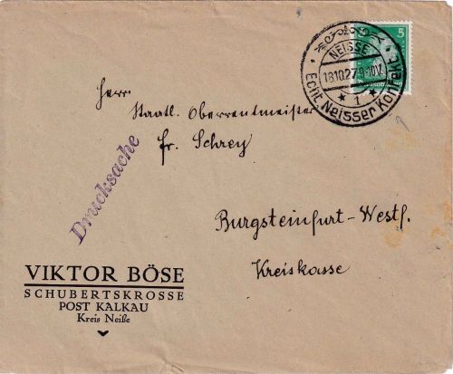 DR - 5 Pfg. Schiller Drucksachenbrief Handwerbestempel Neisse (Konfekt) 1927