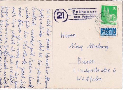 Bizone - (21) Enkhausen ü. Paderborn Landpost-Ra2 Karte n. Düren 1951