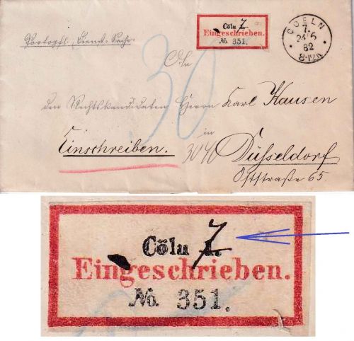 DR - Coeln 7 24/6. 82 Einschreibe-Dienstbrief n. Düsseldorf - Nachporto