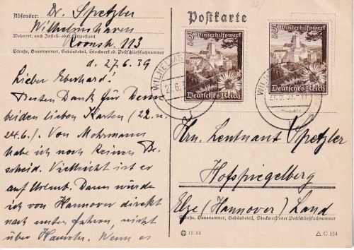 DR - 2x3 Pfg. WHW (Burg Forchtenstein) Karte Wilhelmshaven - 27.6.39