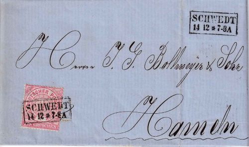 NDP - 1 Gr. gez. Brief Ra2 Schwedt 14/12 n. Hameln (1869) - mit Inhalt