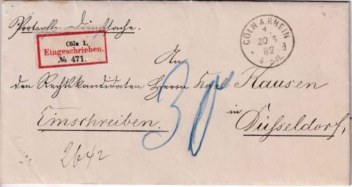DR - Coeln 1 20/3. 82 Einschreibe-Dienstbrief n. Düsseldorf - Nachporto