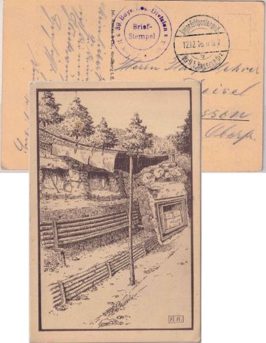DR/Militaria - Unterstand sw-Künstler/AK gelaufen Feldpost 9. bay. Res.Div. 1916