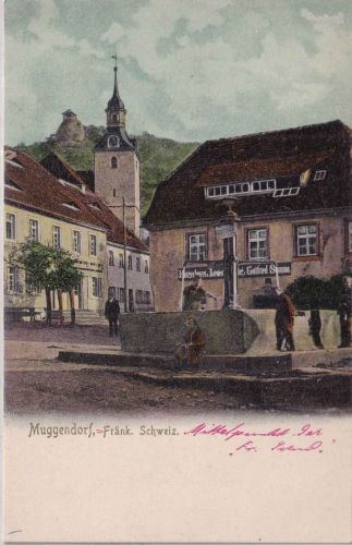 Bayern - Muggendorf Marktplatz Polsterei farb. AK ungelaufen ca. 1900