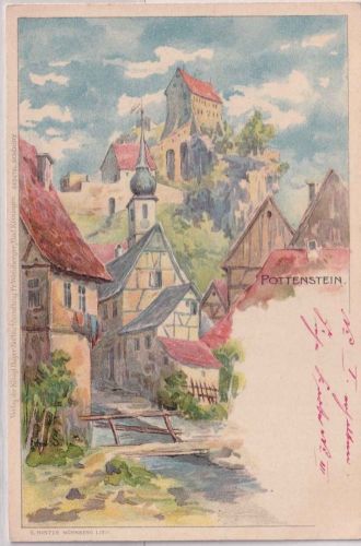 Bayern - Pottenstein Ortsansicht m. Burg farb. Künstlerkarte ungelaufen ca. 1900