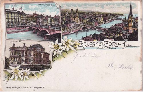 Schweiz - Zürich farb. Mehrbildlitho (Theater, Polytechnikum etc.) gelaufen 1899