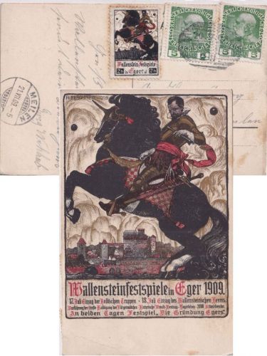 Österreich - Eger 1909 Wallensteinfestspiele farb. Sonderkarte m. Vignette