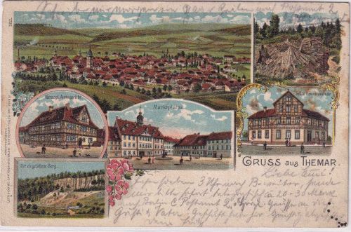 Thüringen - Themar Gruss aus farb. Mehrbildlitho (Gericht, Schule etc.) 1903