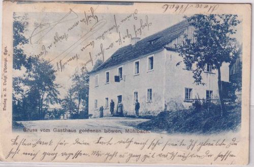 Österreich - Mühlbach b. Eger Gasthof goldener Löwe sw-AK gelaufen 1910