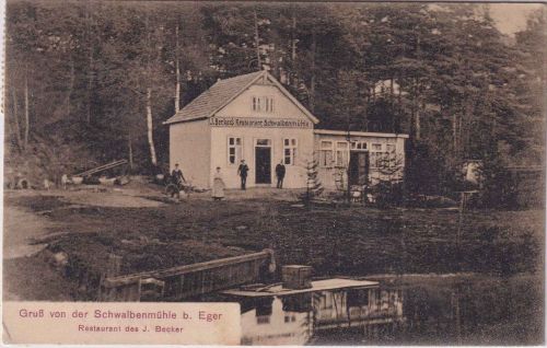 Österreich - Schwalbenmühle b. Eger Restaurant sw-AK gelaufen 1910
