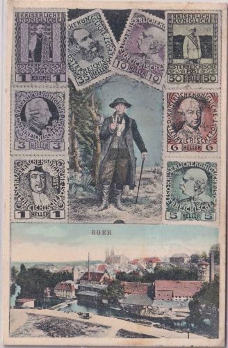 Österreich - Eger Ortsansicht/Briefmarken/männl. Tracht farb. AK gelaufen 1910