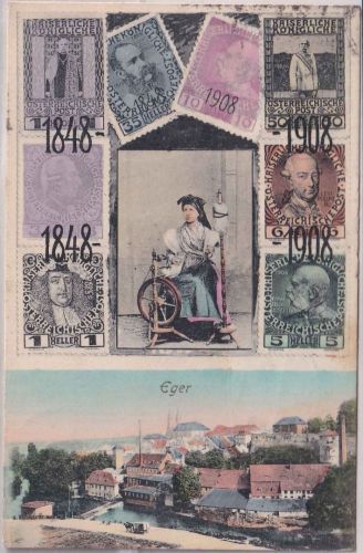 Österreich - Eger Ortsansicht/Briefmarken/weibl. Tracht farb. AK gelaufen 1910