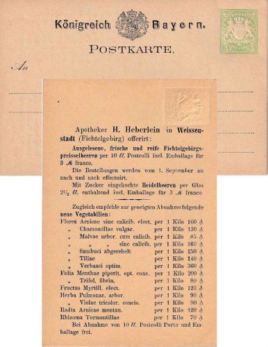 Bayern - 3 Pfg. Wappen Ganzsachenkarte Zudruck Fa. Heberlein Weissenstadt
