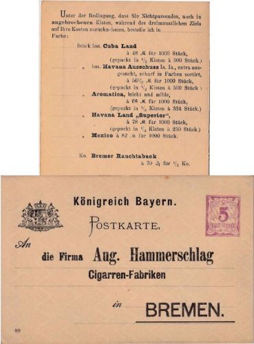 Bayern - 5 Pfg. Rauten Ganzsachenkarte Zudruck Fa. Hammerschlag Bremen 1889