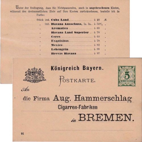 Bayern - 5 Pfg. Rauten Ganzsachenkarte Zudruck Hammerschlag Bremen 1891