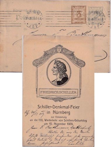Bayern - 3+2 Pfg. Rauten Ganzsachenkarte Zudruck Schiller-Denkmal Nürnberg 1909