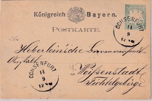 Bayern - 5 Pfg. Wappen Ganzsachenkarte K1 Ochsenfurt 14/9 - Weißenstadt 1876