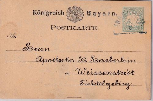Bayern - 5 Pfg Wappen Ganzsachenkarte HKS Ingenheim 4/8 - Weißenstadt 1876