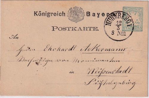 Bayern - 5 Pfg. Wappen Ganzsachenkarte K1 Nürnberg I 12/3 (1876) PRACHT !
