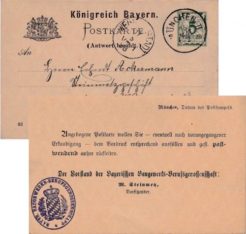 Bayern - 5 Pfg. Rauten Ganzsachenkarte/F-Teil (Zudruck) K1 München II 16. MAI 93