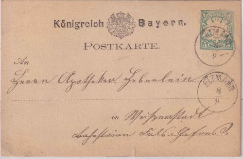 Bayern - 5 Pfg. Wappen Ganzsachenkarte kl. K1 Eltmann 8/9 - Weißenstadt