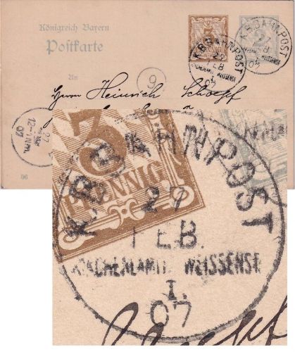 Bayern - K.B. Bahnpost Kirchenlamitz Weißenstadt I K1 Ganzsache Weißenstadt 1908