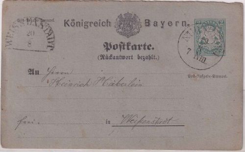 Bayern - 2 Kr. Wappen Ganzsachenkarte/F-Teil K1 Nürnberg 19/8 - Weißenstadt 1975