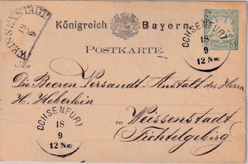 Bayern - 5 Pfg. Wappen Ganzsachenkarte K1 Ochsenfurt 14/9 - Weißenstadt 1876