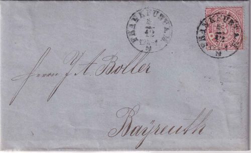 NDP - 3 Kr. gez. Brief K1 Frankfurt a.M. 4/12 (1869) n. Bayreuth
