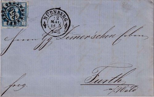 Bayern - 6 Kr. Quadrat blau Brief oMR 356 Nürnberg 22. MAI 1865 n. Furth i.W.