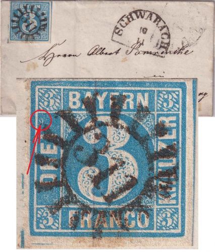 Bayern - 3 Kr. Quadrat blau (Druckzufall !) Brief gMR 311 HKS Schwabach 10/11
