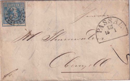 Bayern - 3 Kr. Quadrat blau Brief oMR 385 HKS Passau XII 15/1 1860 n. Obernzell