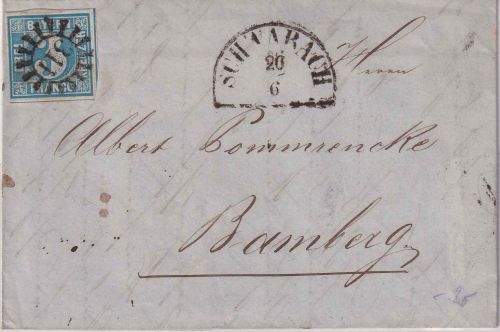 Bayern - 3 Kr. Quadrat blau Brief gMR 311 HKS Schwabach 26/6 (1855) n. Bamberg