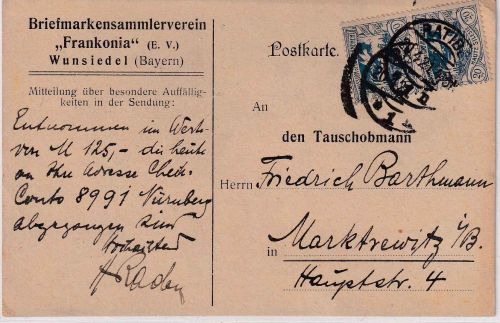 Oberschlesien - 2x20 Pfg. Freimarke Karte Ratibor - Marktredwitz 1921
