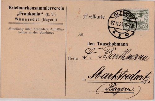 Oberschlesien - 40 Pfg. Freimarke Karte Gleiwitz - Marktredwitz 1921