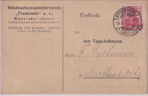 DR - 40 Pfg. Germania Karte Rosenberg (Westpr.) - Marktredwitz 1921