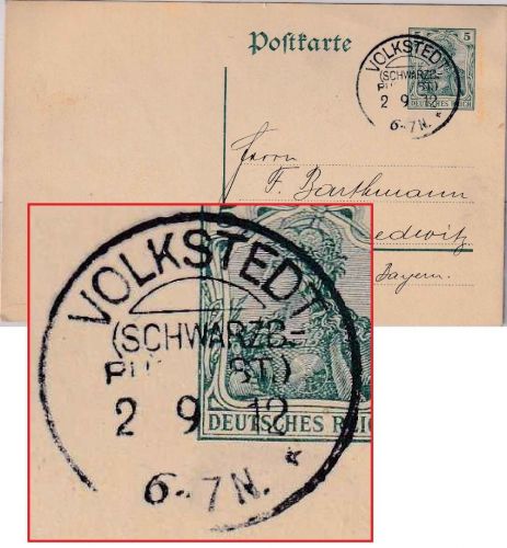 DR - Volkstedt (Schwarzb.-Rudolst.) 2.9.12 KOS 5 Pfg. Germania Ganzsachenkarte