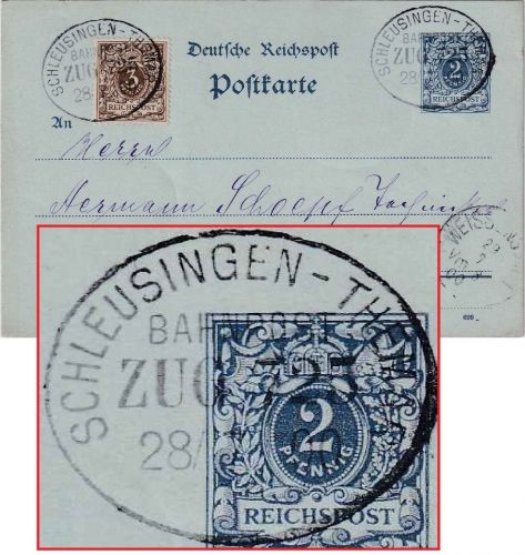 DR - 2 Pfg. K/A Ganzsachenkarte + Zusatz Bahnpost Schleusingen Themar 1900