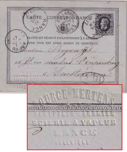 Belgien - 10 C. Leopold II. Ganzsachenkarte m. Prägung (!) n. HOLLAND Range 1877
