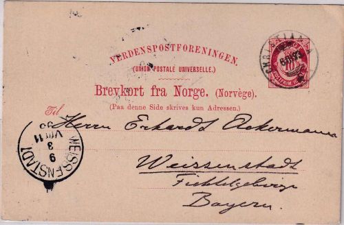 Norwegen - 10 Ö. Ganzsachenkarte Christiania - Weissenstadt 1893