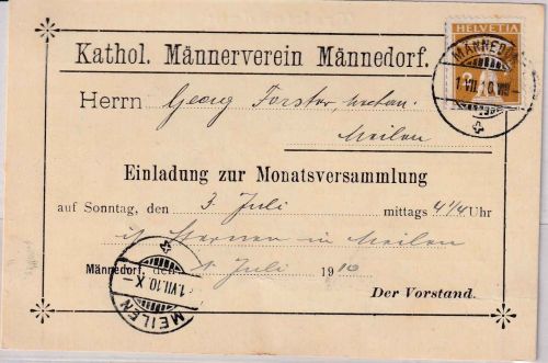 Schweiz - 2 Rp. Tellknabe Einladungskarte/Drucksache Männedorf - Meilen 1910