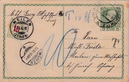 Österreich - 5 H. Ganzsachenkarte i.d. SCHWEIZ Wrschowitz 1910 Nachporto