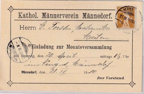 Schweiz - 2 Rp. Tellknabe Einladungskarte/Drucksache Männedorf - Meilen 1910