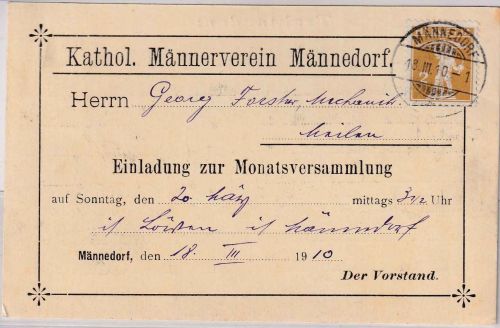 Schweiz - 2 Rp. Tellknabe Einladungskarte/Drucksache Männedorf - Meilen 1910