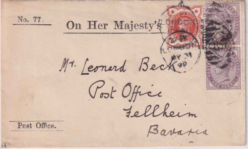 England - 2x1+1/2 P. Victoria Brief London - Fellheim 1899