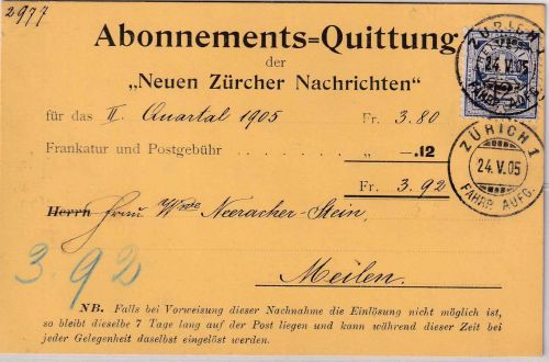 Schweiz - 12 Rp. Kreuz/Ziffer Nachnahmedrucksachenkarte Zürich - Meilen 1905