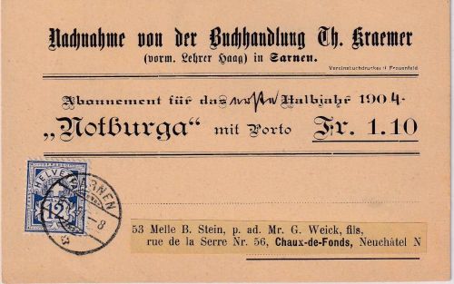 Schweiz - 12 Rp. Kreuz/Ziffer Nachnahmedrucksachenkarte Sarnen 1904