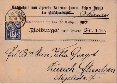Schweiz - 12 Rp. Kreuz/Ziffer Nachnahmedrucksachenkarte Sarnen 1904